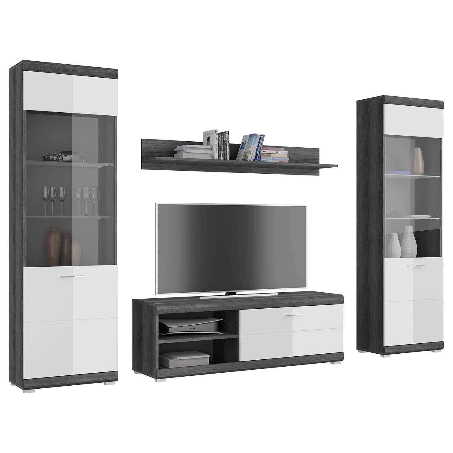 Loftscape Wohnwand Sarai II (4-teilig) - Hochglanz Weiß / Eiche Grau Dekor 1 Loftscape Wohnwand Sarai II (4-teilig) - Hochglanz Weiß / Eiche Grau Dekor