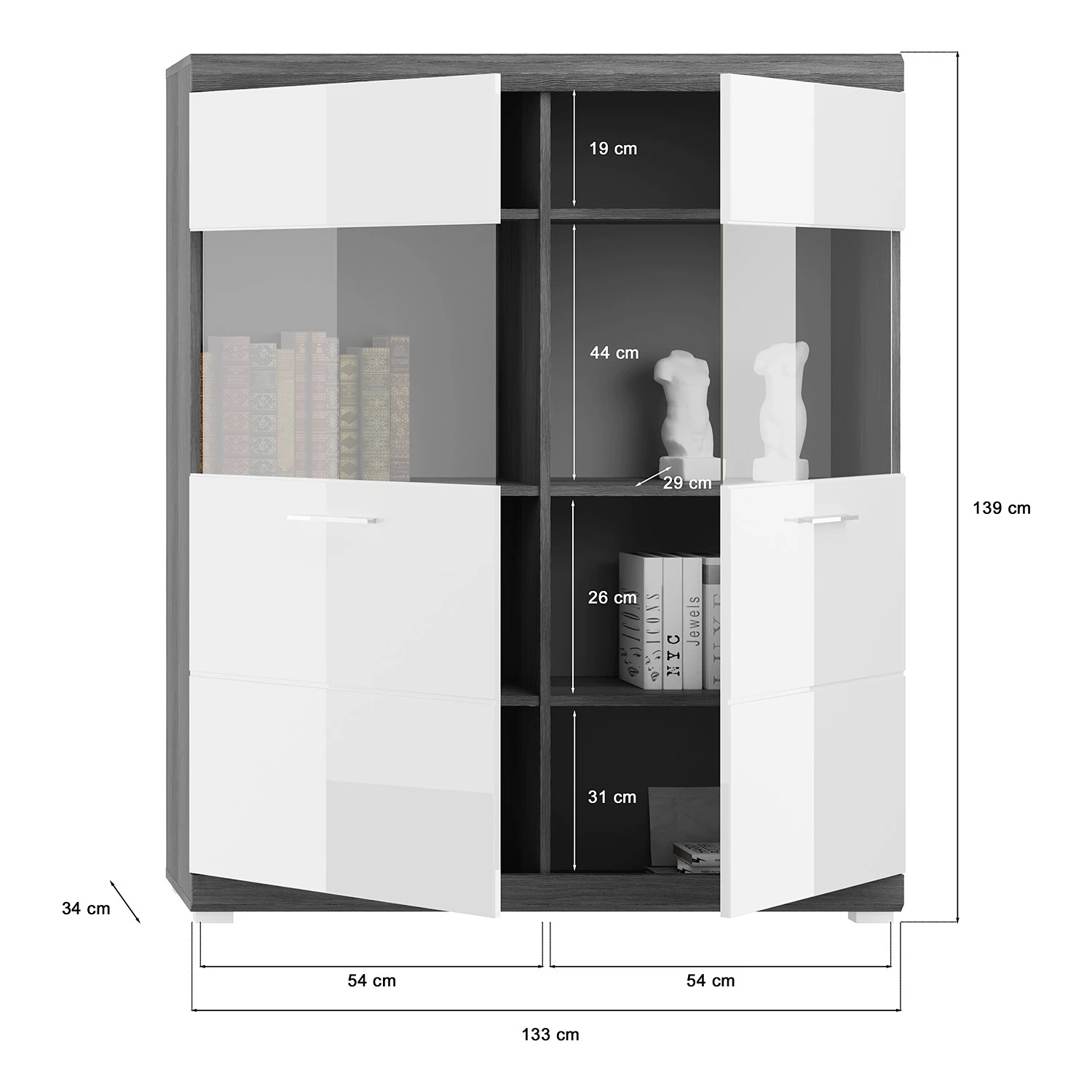 Loftscape Wohnwand Sarai I (4-teilig) - Hochglanz Weiß / Eiche Grau Dekor 12 Loftscape Wohnwand Sarai I (4-teilig) - Hochglanz Weiß / Eiche Grau Dekor – Bild 12