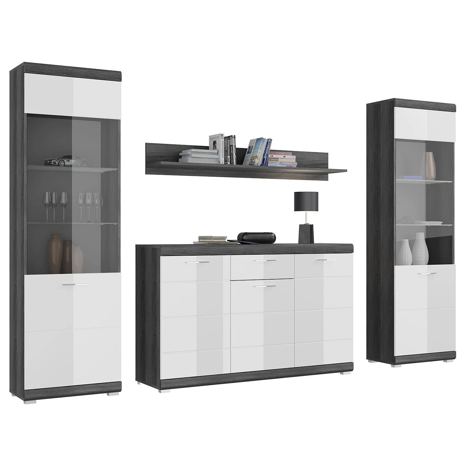 Loftscape Wohnwand Sarai III (4-teilig) - Hochglanz Weiß / Eiche Grau Dekor 1 Loftscape Wohnwand Sarai III (4-teilig) - Hochglanz Weiß / Eiche Grau Dekor