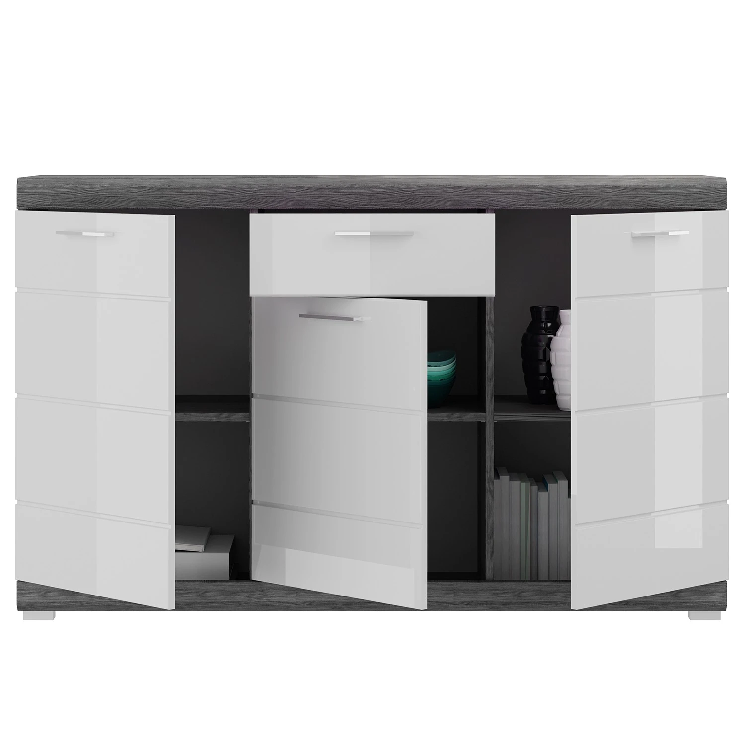 Loftscape Wohnwand Sarai III (4-teilig) - Hochglanz Weiß / Eiche Grau Dekor 6 Loftscape Wohnwand Sarai III (4-teilig) - Hochglanz Weiß / Eiche Grau Dekor – Bild 6