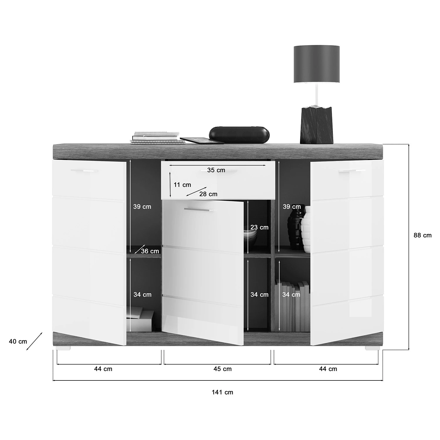 Loftscape Wohnwand Sarai III (4-teilig) - Hochglanz Weiß / Eiche Grau Dekor 9 Loftscape Wohnwand Sarai III (4-teilig) - Hochglanz Weiß / Eiche Grau Dekor – Bild 9