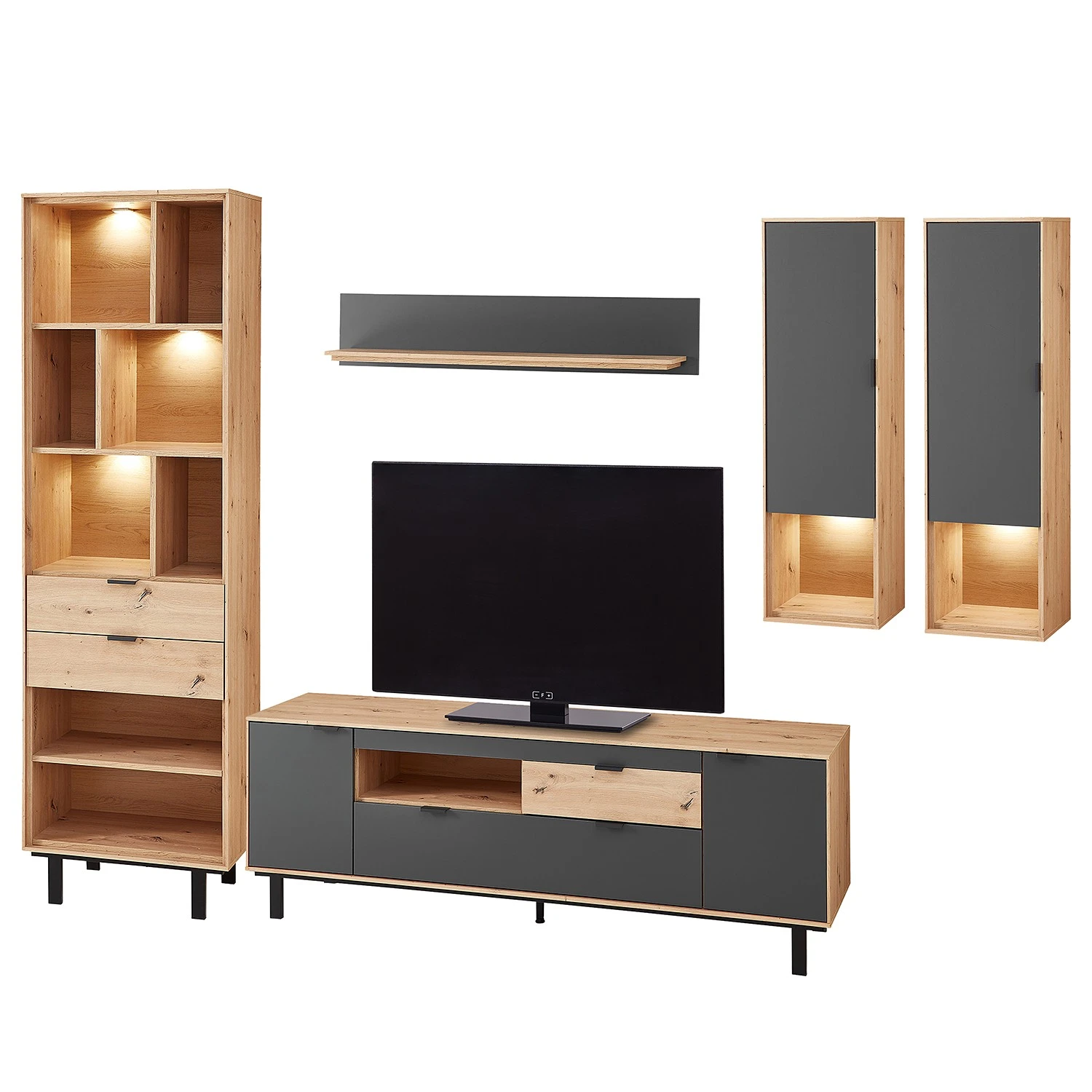 Fashion For Home Wohnwand Leox III (5-teilig) - Inkl. Beleuchtung - Graphit / Eiche Artisan Dekor 1 Fashion For Home Wohnwand Leox III (5-teilig) - Inkl. Beleuchtung - Graphit / Eiche Artisan Dekor