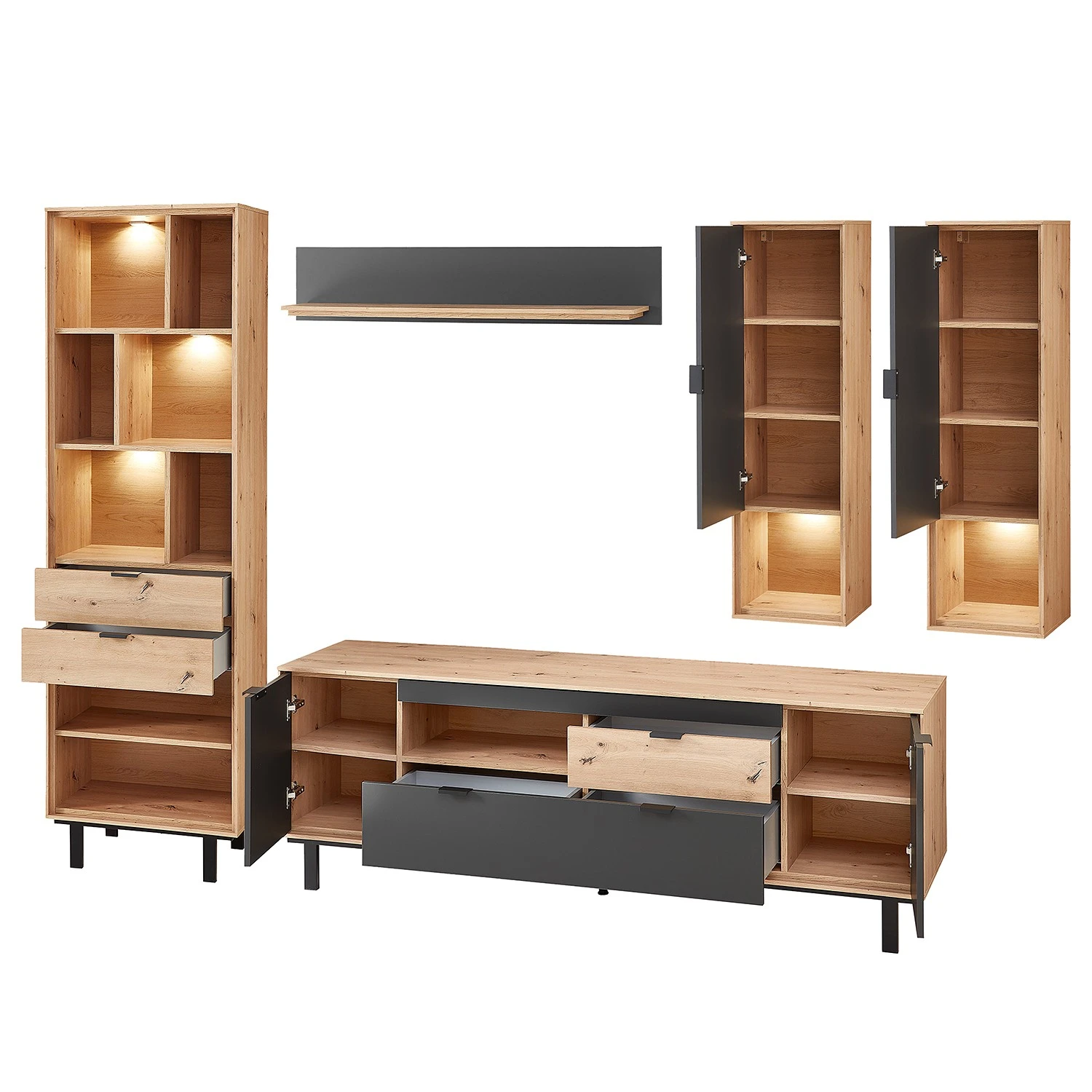 Fashion For Home Wohnwand Leox III (5-teilig) - Inkl. Beleuchtung - Graphit / Eiche Artisan Dekor 3 Fashion For Home Wohnwand Leox III (5-teilig) - Inkl. Beleuchtung - Graphit / Eiche Artisan Dekor – Bild 3