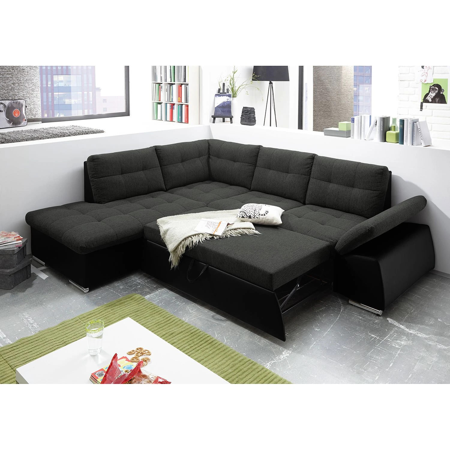 Fredriks Ecksofa Puntiro (mit Schlaffunktion) - Kunstleder Lilo / Strukturstoff Satur: Schwarz / Anthrazit - Ottomane davorstehend links 6 Fredriks Ecksofa Puntiro (mit Schlaffunktion) - Kunstleder Lilo / Strukturstoff Satur: Schwarz / Anthrazit - Ottomane davorstehend links – Bild 6