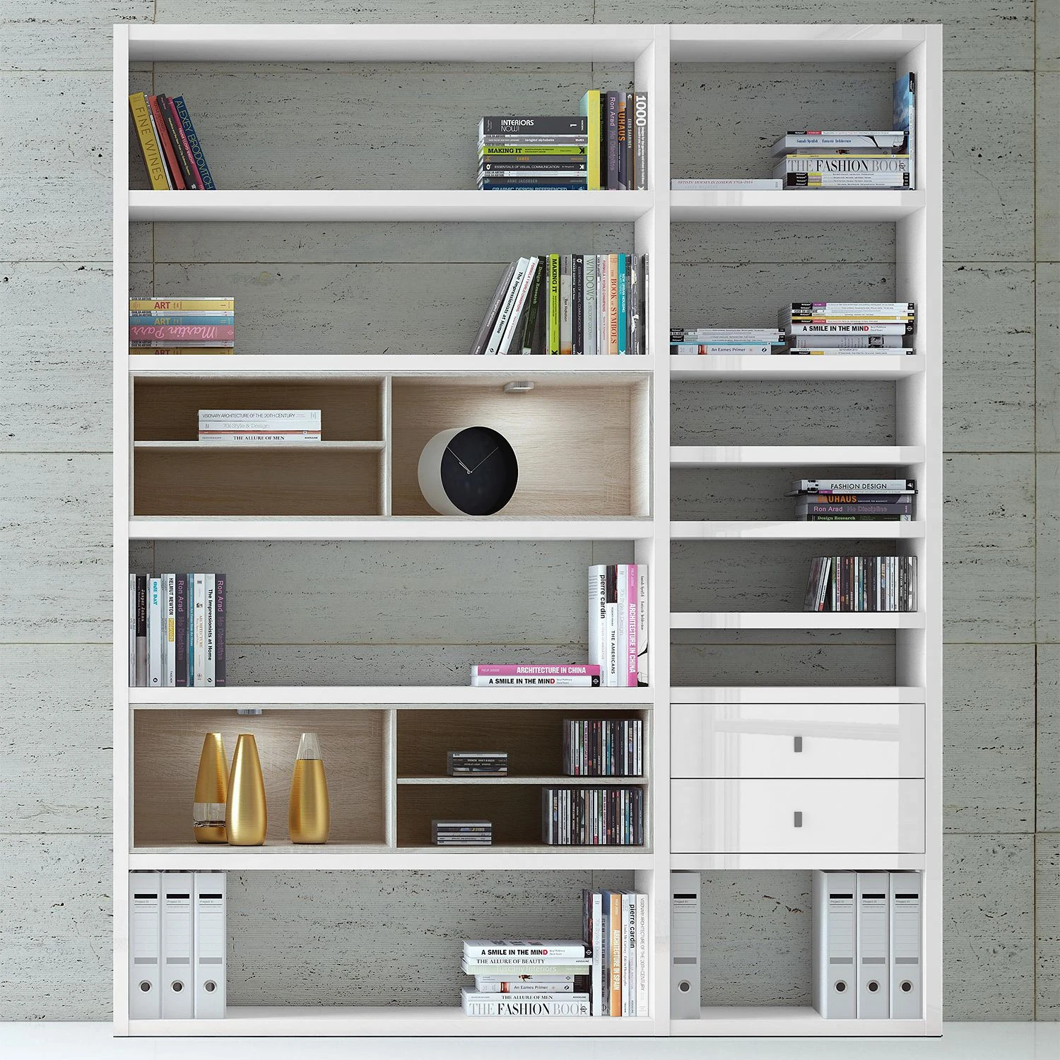 Loftscape Regalwand Emporior II.A - Hochglanz Weiß / Eiche Sonoma Dekor - Mit Beleuchtung 1 Loftscape Regalwand Emporior II.A - Hochglanz Weiß / Eiche Sonoma Dekor - Mit Beleuchtung