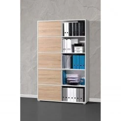 Schiebetürenregal Mingle I - Weiß / Eiche Sonoma Dekor -Wohnzimmermöbel boutique en ligne schiebetuerenregal mingle i weiss eiche sonoma dekor 5029136