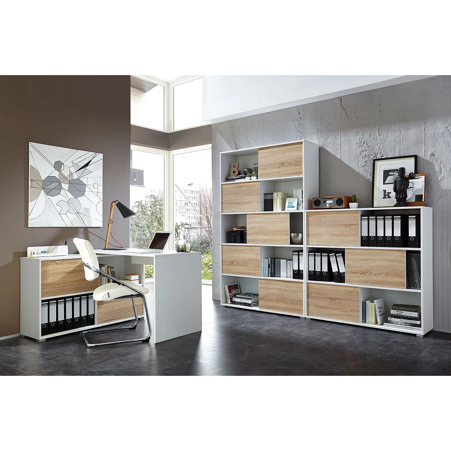 Germania Schiebetürenregal Mingle II - Weiß/Eiche Sonoma Dekor 3 Germania Schiebetürenregal Mingle II - Weiß/Eiche Sonoma Dekor – Bild 3