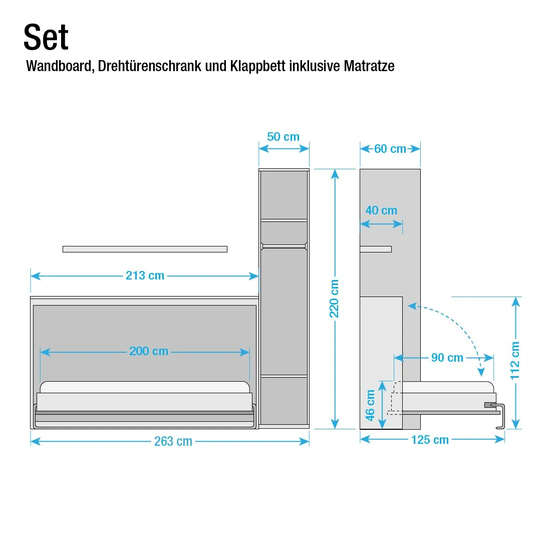 Loftscape Schrankbett-Kombination Godia II - Weiß / Eiche Sonoma Dekor - Bonellfederkernmatratze 4 Loftscape Schrankbett-Kombination Godia II - Weiß / Eiche Sonoma Dekor - Bonellfederkernmatratze – Bild 4