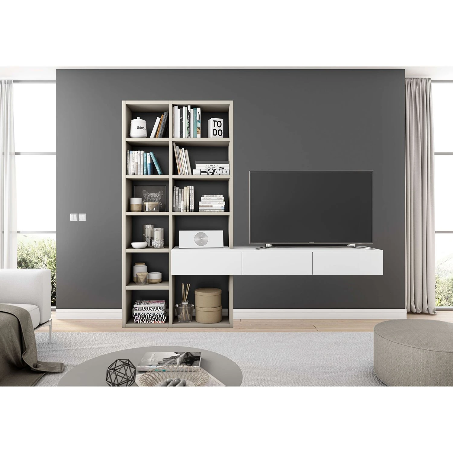 Loftscape TV-Wand Emporior III - Matt Hellbeige / Matt Weiß - Breite: 249 cm 1 Loftscape TV-Wand Emporior III - Matt Hellbeige / Matt Weiß - Breite: 249 cm