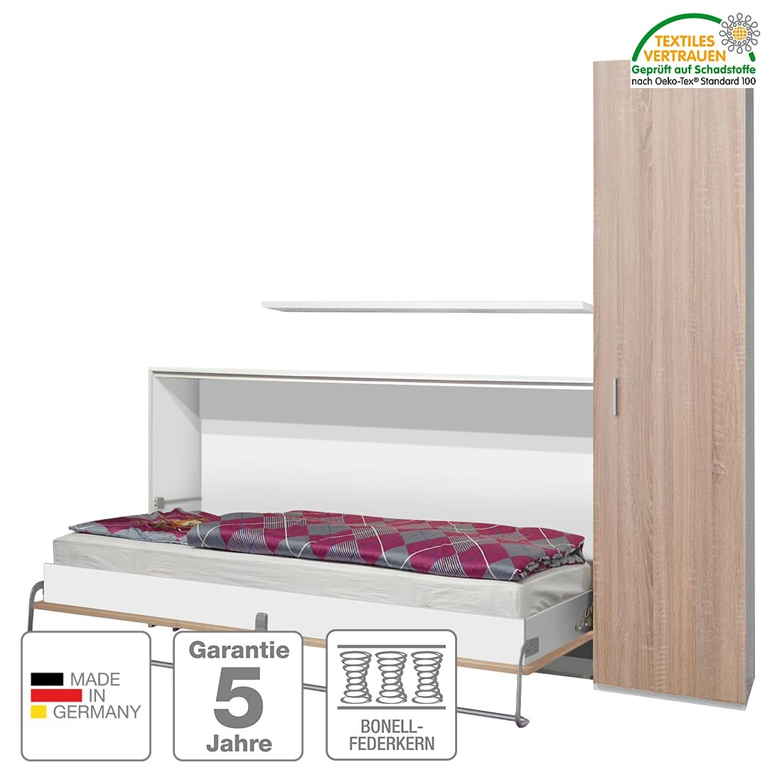 Loftscape Schrankbett-Kombination Godia II - Weiß / Eiche Sonoma Dekor - Bonellfederkernmatratze 2 Loftscape Schrankbett-Kombination Godia II - Weiß / Eiche Sonoma Dekor - Bonellfederkernmatratze – Bild 2