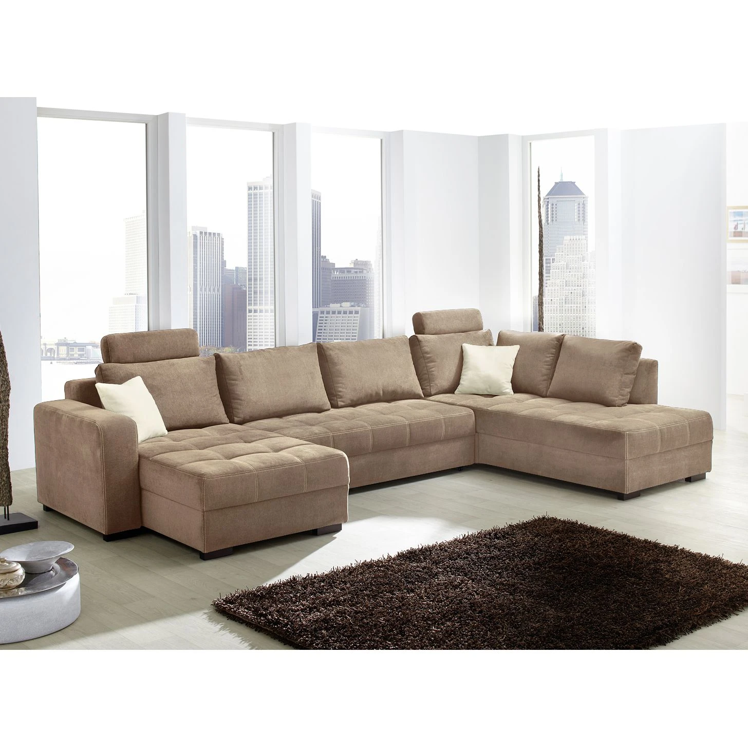 Home Design Wohnlandschaft Antego - (mit Schlaffunktion) Velours Ottomane/Longchair beidseitig montierbar - Hellbraun 4 Home Design Wohnlandschaft Antego - (mit Schlaffunktion) Velours Ottomane/Longchair beidseitig montierbar - Hellbraun – Bild 4