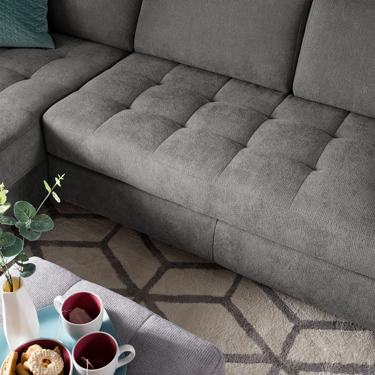 Fredriks Wohnlandschaft Tanete - Strukturstoff - Grau - Longchair davorstehend links / Ottomane rechts - Schlaffunktion 12 Fredriks Wohnlandschaft Tanete - Strukturstoff - Grau - Longchair davorstehend links / Ottomane rechts - Schlaffunktion – Bild 12