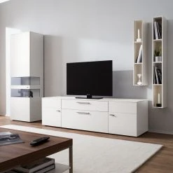 GWINNER Wohnwand Anzio I (4-teilig) - Matt Weiß - Glastür links - Mit Beleuchtung