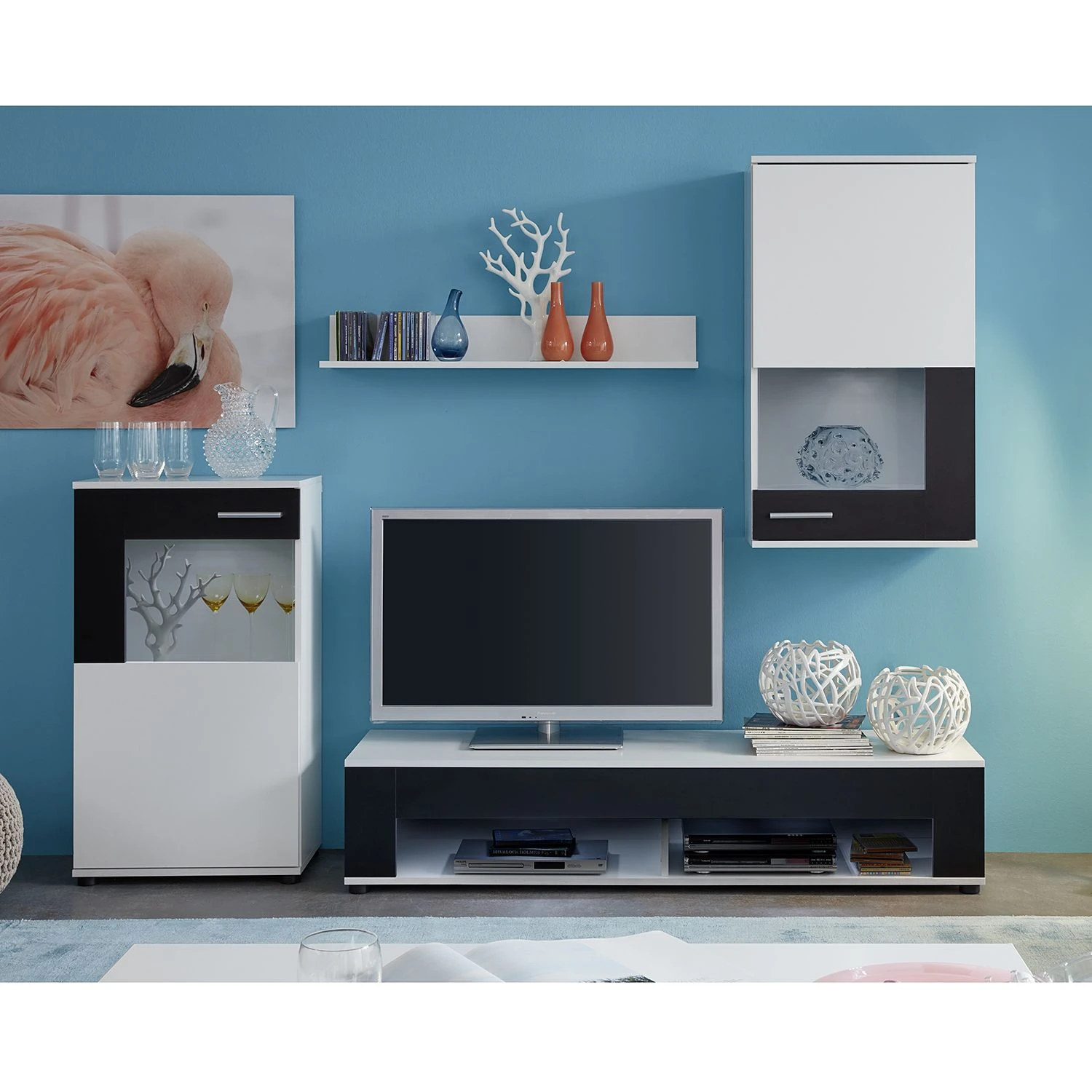 Trendteam Wohnwand Corner (4-teilig) - Weiß / Schwarz 1 Trendteam Wohnwand Corner (4-teilig) - Weiß / Schwarz