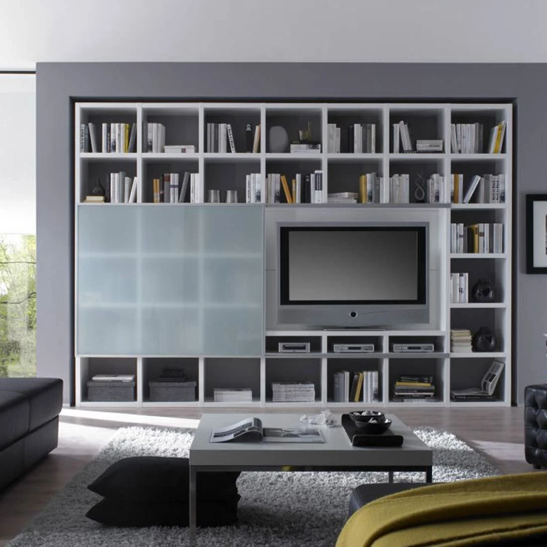 Loftscape Wohnwand Empire - Weiß Hochglanz - Satinierte Glasschiebetür 1 Loftscape Wohnwand Empire - Weiß Hochglanz - Satinierte Glasschiebetür