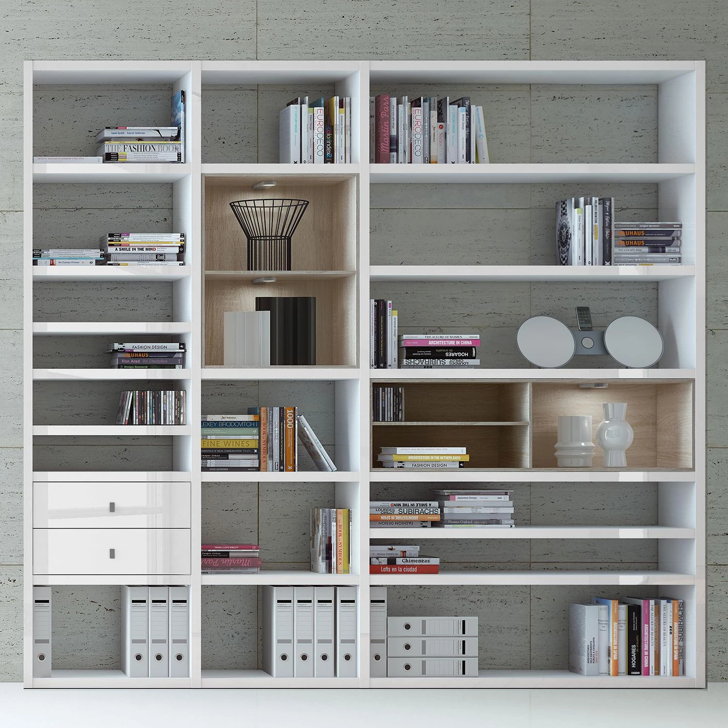 Loftscape XL Regalwand Emporior I.A - Hochglanz Weiß / Eiche Sonoma Dekor - Mit Beleuchtung 4 Loftscape XL Regalwand Emporior I.A - Hochglanz Weiß / Eiche Sonoma Dekor - Mit Beleuchtung – Bild 4