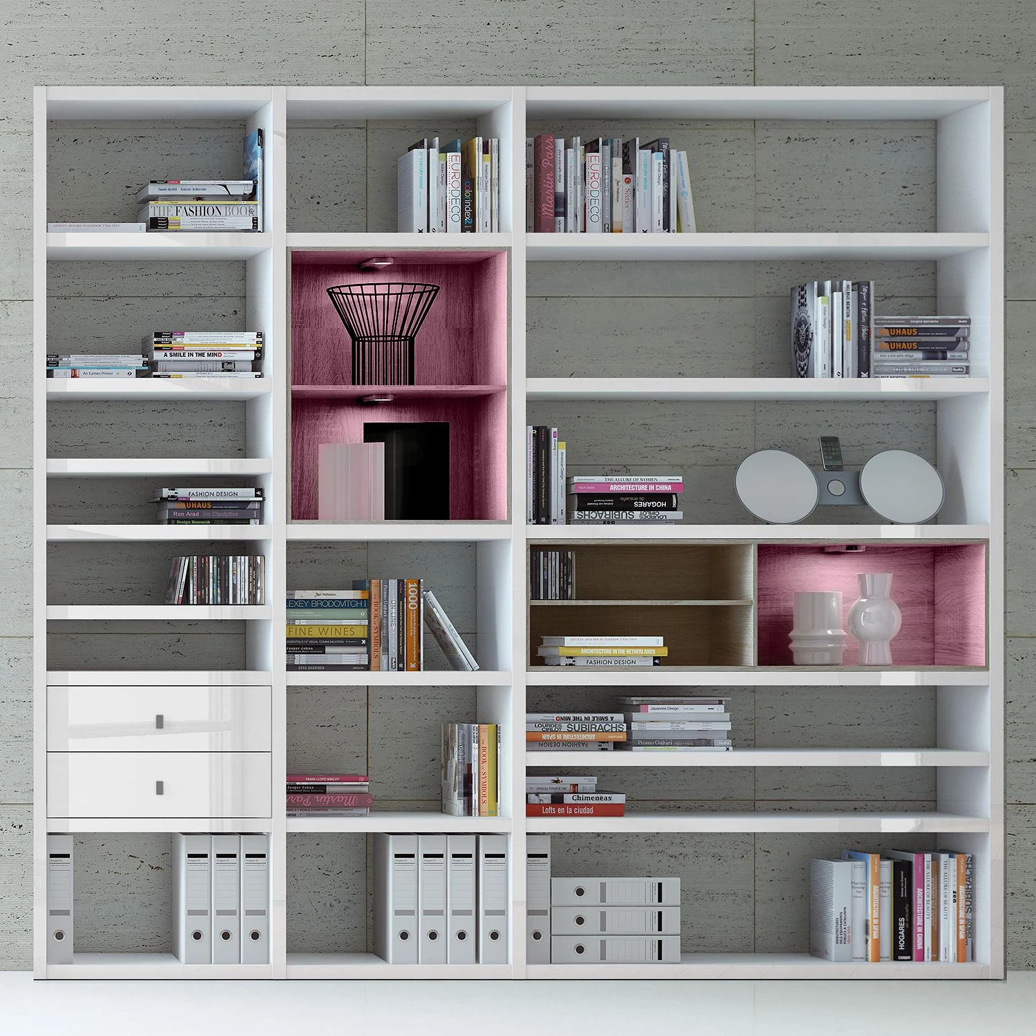 Loftscape XL Regalwand Emporior I.A - Hochglanz Weiß / Eiche Sonoma Dekor - Mit Beleuchtung 2 Loftscape XL Regalwand Emporior I.A - Hochglanz Weiß / Eiche Sonoma Dekor - Mit Beleuchtung – Bild 2