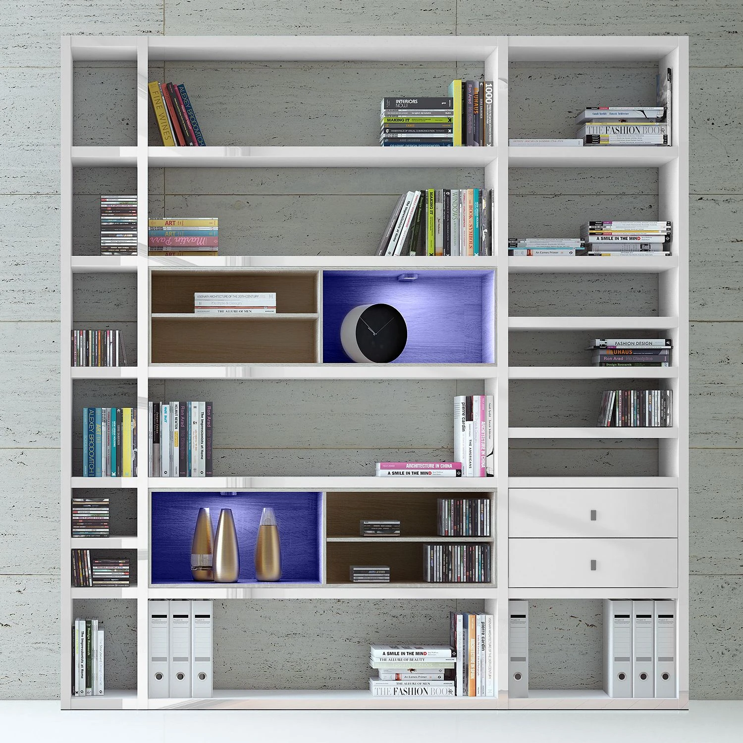 Loftscape XL Regalwand Emporior II - Hochglanz Weiß / Eiche Sonoma Dekor - Mit Beleuchtung 3 Loftscape XL Regalwand Emporior II - Hochglanz Weiß / Eiche Sonoma Dekor - Mit Beleuchtung – Bild 3